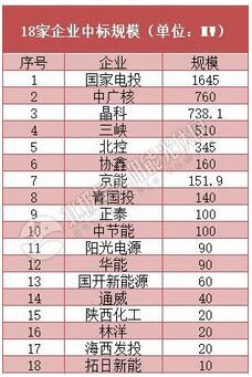 18家企業10個光伏應用領跑基地中標情況