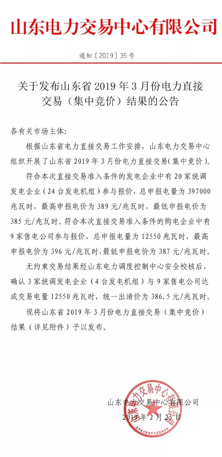 山東省2019年3月份電力直接交易(集中競價)結果:統一出清價386.5元/兆瓦時